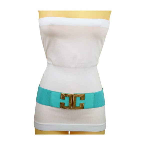 NEW Women Mint Green Shade Elastic Wide Belt Metal C Buckle Adjustable Size S M - Picture 1 of 17